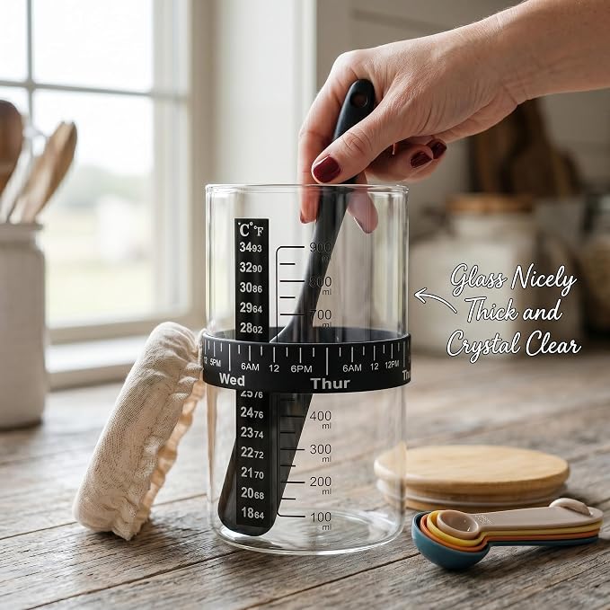 34oz Wide Mouth Sourdough Fermentation Jar, Complete Starter Kit with Feeding Band, Silicone Scraper and Dual Lids, Professional Bread Baking Supplies for Beginners & Home Bakers