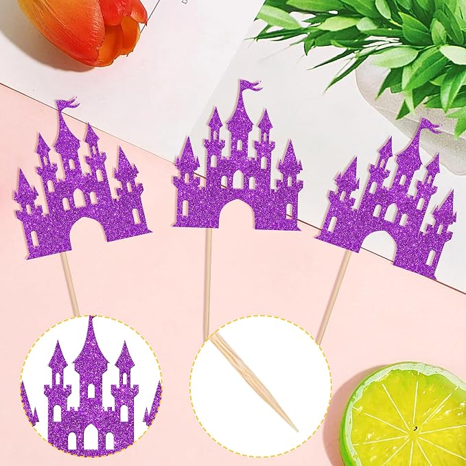 24 PCS Castle Cupcake Toppers Princess Cupcake Toppers Castle Theme Birthday Party Decoration Princess Party Supplies Princess Birthday Cake Decoration for Girls Princess Baby Shower Supplies Purple