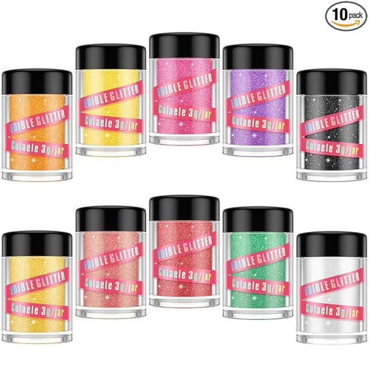 Edible Glitter for Cakes Drinks Luster Dust Set - Colaele 10 Colors Shimmering Disco Glitter Food Grade Metallic Food Coloring Powder Sprinkling for Strawberries, Chocolates, Fondant, Pops, Vegan