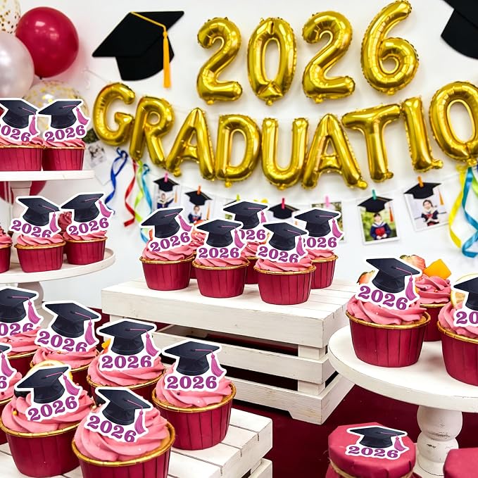 42pcs Edible Graduation Cap Cupcake Toppers Wafer Paper Pink Class of 2026 Cake Decorations Edible Grad Cap Cupcake Picks for 2026 Graduation Theme Party Cake Decor Supplies
