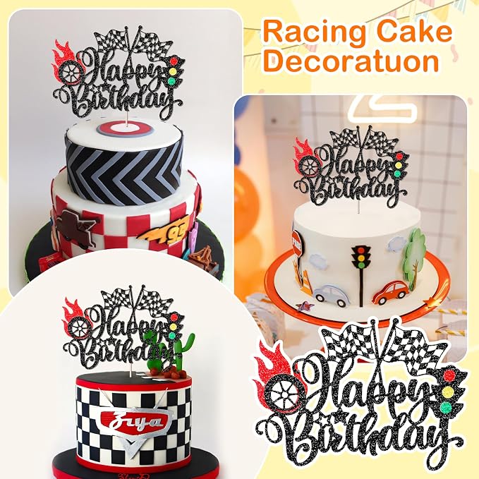 MEMOVAN Race Car Happy Birthday Cake Topper Car Birthday Cake Topper Glitter Checkered Flag Cake Decoration Racing Car Cake Pick with Traffic Light Trophy Wheel for Boy Girl Man Racing Car Theme Party