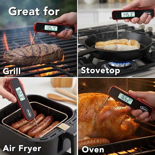 Sterno Digital Meat Thermometer for Cooking - Instant Read Food Thermometer with Motion Activated Auto-Wake, IPX5 Waterproof, Backlit Auto-Rotating Display & Internal Magnet for Grill, BBQ, Air Fryer