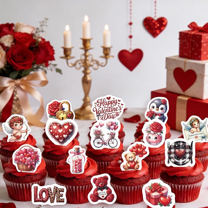 72PCS Edible Happy Valentine’s Day Cupcake Toppers Wafer Paper Sweet Love Be Mine Kiss Me Cupcake Picks Valentine’s Cake Decor for Valentine's Day Theme Wedding Party Supplies