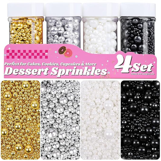 Pearl Sprinkles for Cake Decorating, 11.3oz/320g Edible Pearls White Silver Black Gold Sprinkles, 6 Sizes 4 Colors Set for Baking Cupcakes Cookies