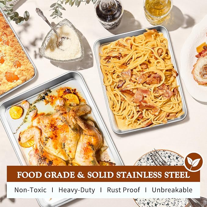 TeamFar Baking Pan Set of 3, 12.5/10.5/9.4 Inch Stainless Steel Deep Sheet Cake Pan for Oven Baking, Rectangle Bakeware Set for Bread/Lasagna/Brownie/Casserole, Healthy & Heavy-Duty, Dishwasher Safe
