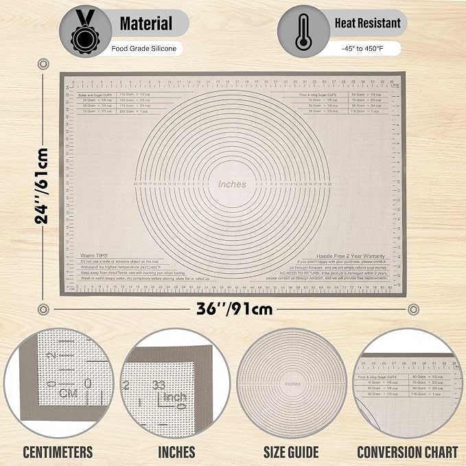 Silicone Pastry Mat 36x24 Inch Nonstick Baking Mat -Perfect for Doug, Pastry, Dough Rolling, Kneading Board, Pie Crust, Fondant, Pasta/Pizza, Kitchen Counter Mat