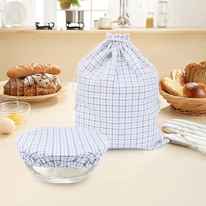 Reusable Bread Bags for Homemade Bread with TPU Lining & Proofing Bowl Cover, Organic Cotton Sourdough Bread bags for Baker Lovers(checker)