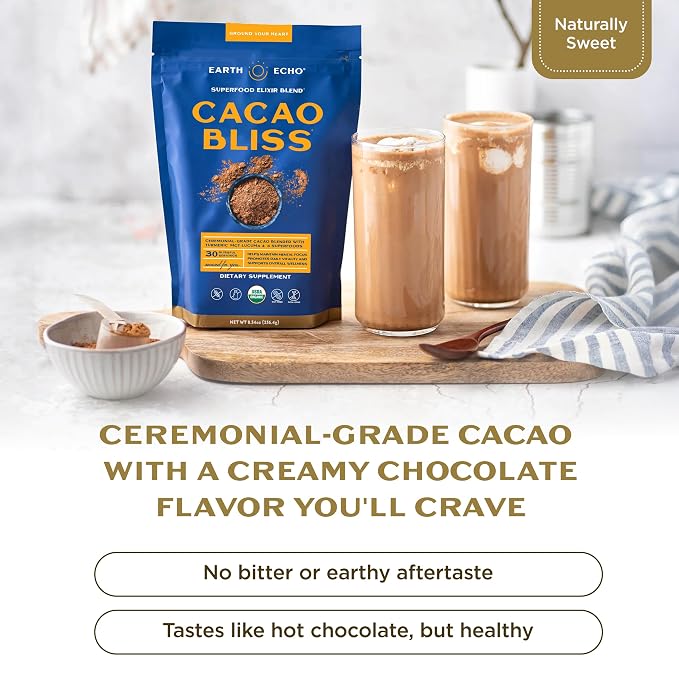 Earth Echo Cacao Bliss - Ceremonial Grade Organic Raw Cacao Powder with MCT Oil & Turmeric - Supports Energy Boost, Mindful Snacking & Focus - Unsweetened, Vegan, GMO & Gluten-Free, 30 Servings