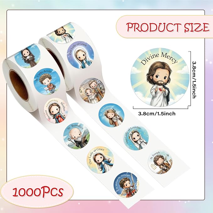 Christian Religious Stickers Roll - 1000 Pcs Catholic Saints Stickers, Cartoon Bible Jesus Sticker for Scrapbook Journal Envelope Card, Church Sunday School Easter Party Favor Supplies