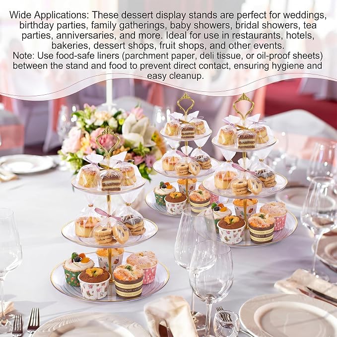 Teenyyou 8 Pack 3 Tier Cupcake Stand Bulk Tiered Dessert Stand Thick Plastic Serving Tray with Gold Edges Dessert Table Display Set Tea Cake Holder for Wedding Birthday Party (Clear Gold,Crown Shaped)