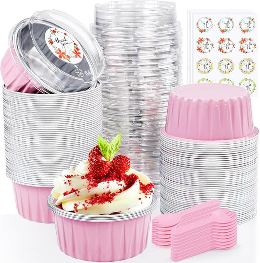 60Pcs Mini Cake Pans with Lids Aluminum Foil, ZOXILEN 5oz Disposable Mini Loaf pans with Lids and Spoons, Small Baking Cups Pie Tins Muffin Pan Cheesecake Containers for Party Pink Round
