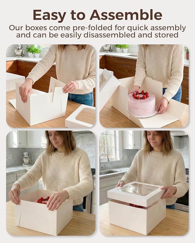 10x10x8 Bulk 15 Pcs Tall Multi-Layer Cake Boxes 10 Inch with Window Clear Bakery Box Square White Large Disposable Pie Boxes Package for Bake Decorating Supplies Pastry Box (80 Pcs Stickers)