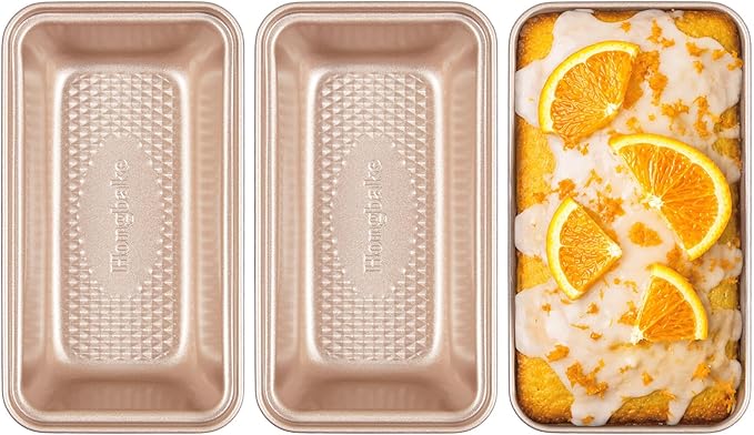 HONGBAKE 3 Pack Nonstick Mini Loaf Pans, 6 x 3.3 x 2 Inch Small Bread Pans for Homemade Bread, Tiny Banana Baking Tins with Diamond Texture, Non-toxic Mini Meatloaf Pans Set, Champagne Gold