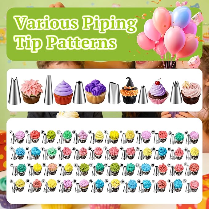 Suuker Dessert Decorating Syringe Set | Frosting Piping Kit, Stainless Steel, 54 Piping Tips, 9 Silicone Baking Cups