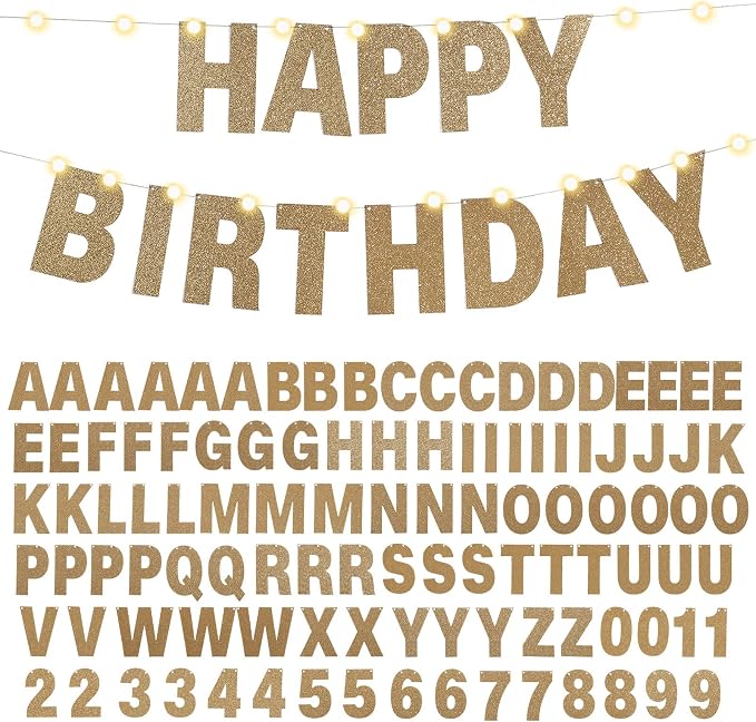 TaoBary 112 Pcs DIY Letter Kit Glitter Customizable Banner Letters Include 107 Letters and Numbers 3 Rope and 2 Needles for Birthday Halloween Christmas Wedding Valentine Party Decor(Champagne Gold)