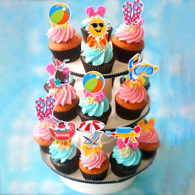 32 PCS Summer Beach Pool Cupcake Toppers Ball Sun Umbrella Diving Goggles Watermelon Water Gun Slippers Cupcake Picks Baby Shower Hawaii Beach Pool Theme Birthday Party Cake Decorations Supplies