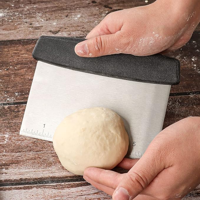 Pasta Scraper with Handle and Measuring Scale, Bench Scraper with Stainless Steel Blade for Food Grade 7 Inch Pasta Scraper Black
