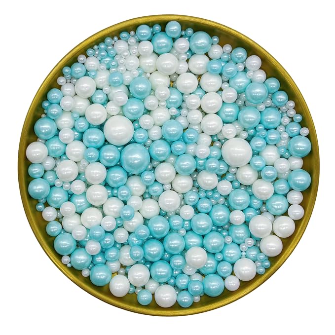 Edible Light Blue & White Sugar Pearls Sprinkles Candy Mix Size Pearls Cake Decorations Cupcake Toppers Decorating Perfect for Wedding Party Valentine Supplies 4.58OZ