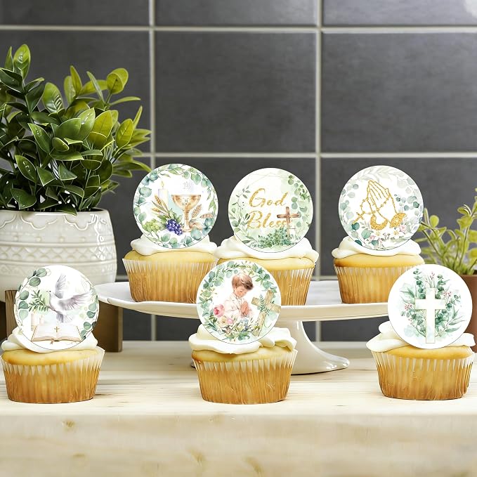 64 PCS Edible God Bless Cupcake Toppers Greenery Leaves Baptism Dove Cross Cupcake Picks Edible First Holy Communion Cake Decorations for God Bless Theme Baby Shower Boys Birthday Party Supplies