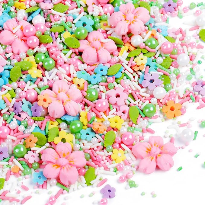 Pastel Flowers Sprinkles for Cake Decorating, 4.6oz/130g - Edible Flower Mix with White, Green & Pink Pearls Sprinkles, Leaves & Jimmies for Baking, Cookies, Cupcakes, Donuts, Ice Cream Toppings