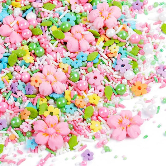 Pastel Flowers Sprinkles for Cake Decorating, 4.6oz/130g - Edible Flower Mix with White, Green & Pink Pearls Sprinkles, Leaves & Jimmies for Baking, Cookies, Cupcakes, Donuts, Ice Cream Toppings