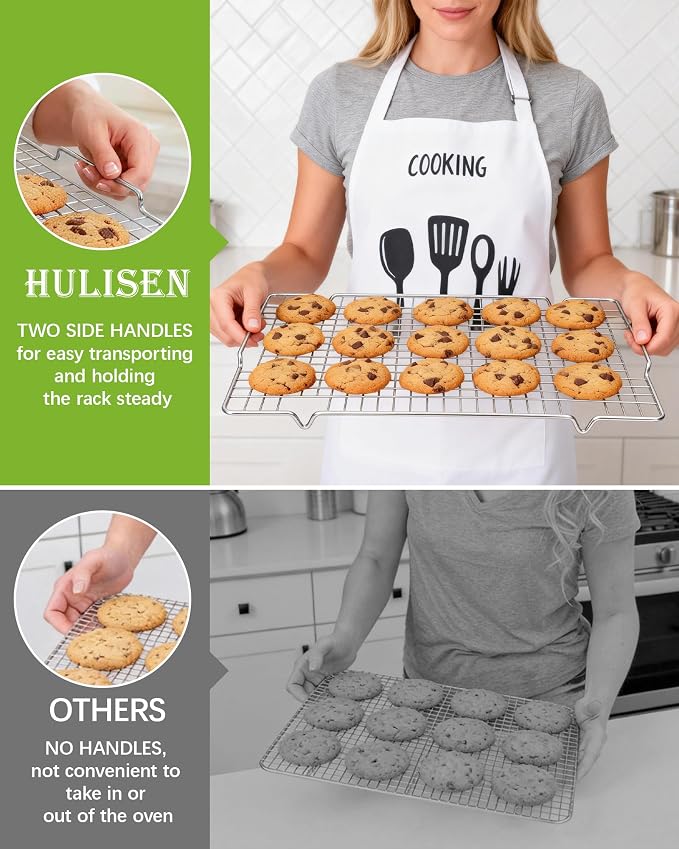 HULISEN 304 Stainless Steel Cooling Rack 2 Pack - 16" x 10" Baking Rack with Handle fits Half Sheet Pan, Wire Cookie Cooling Racks for Baking, Roasting, Grilling, Drying, Oven Safe, Dishwasher Safe