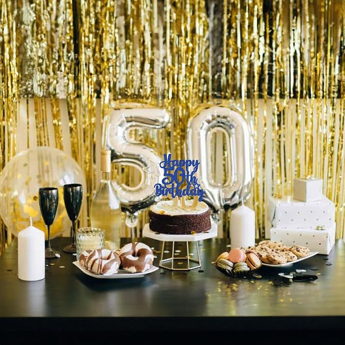 Gyufise 1Pc Happy 50th Birthday Cake Topper Glitter 50 & Fabulous Cheers to 50 Years Old 50th Birthday Cake Pick for Celebrating 50th Birthday Anniversary Party Cake Decorations Blue