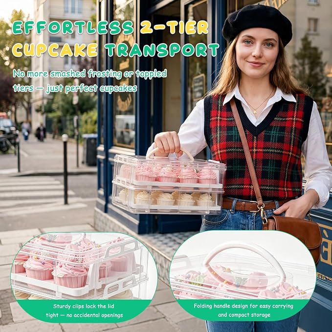 Cupcake Carrier 24 Count, Cupcake Holder With Lid And Handles, 2-Layer Cupcakes Storage Containers, Cupcake Transport Container, Cupcake Box With Portable Insulated Bag And 200pcs Cupcake Liners