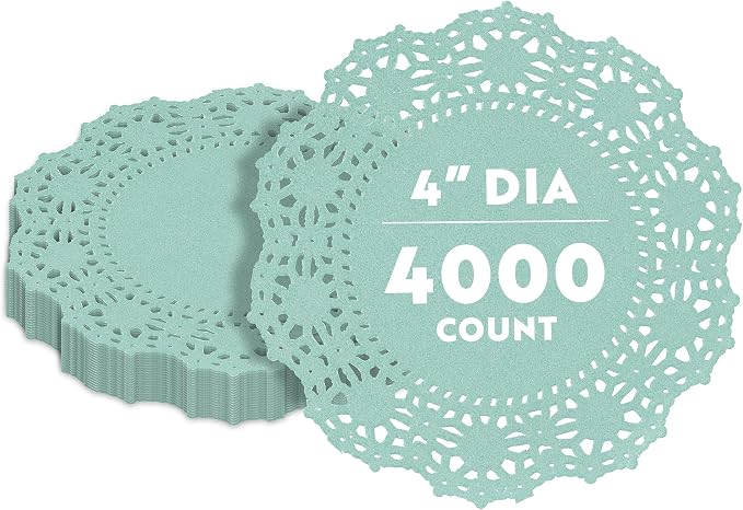 Pastry Tek 4 x 4 Inch Paper Lace Doilies, 4000 Disposable Table Doilies - Elegant Lace Finish, Long Lasting, Teal Paper Doily, for Pastries, Cupcakes, Desserts - Restaurantware