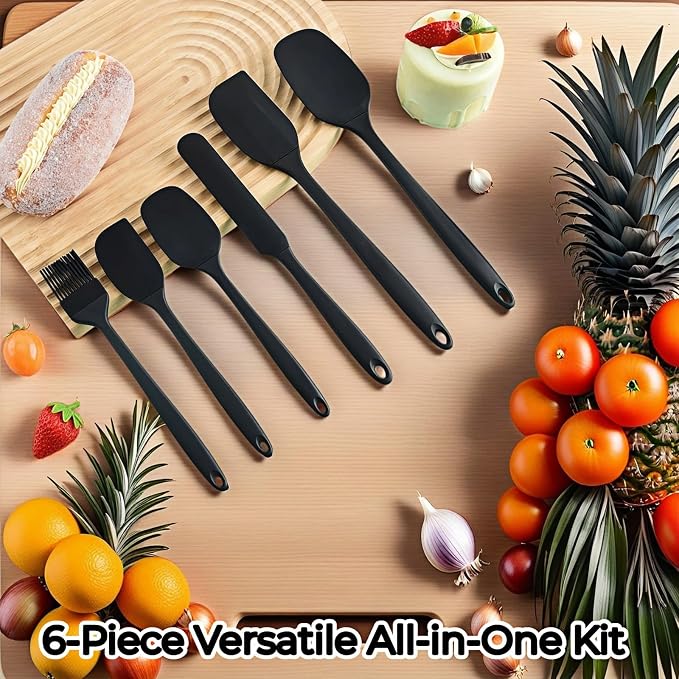 6-Piece Silicone Spatula Set, Heat Resistant Up to 230°C, Non-Scratch Non-Stick Cookware, Seamless One-Piece Design,with Pastry Brush for Baking Cooking Mixing (Black)