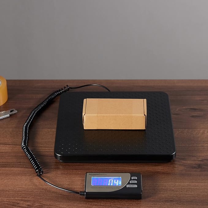 Amazon Basics Digital Postal Scale with Tare Function, Heavy Duty, Aluminium Platform, 440 lb Capacity, Digital Shipping, Portable, Black