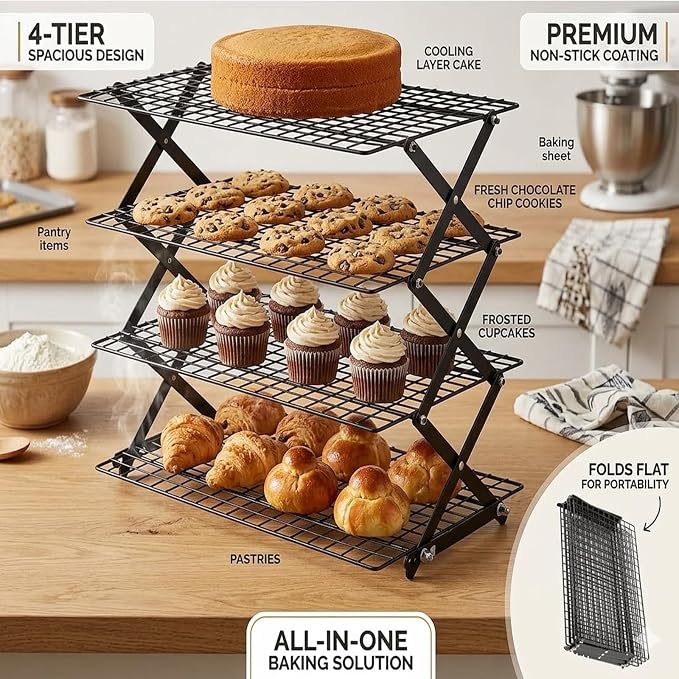MWRCTV 4-Tier Collapsible Cooling Rack - Stackable Wire Drying Rack for Baking Cookies Cake Roasting Grilling Picnic Party Camping