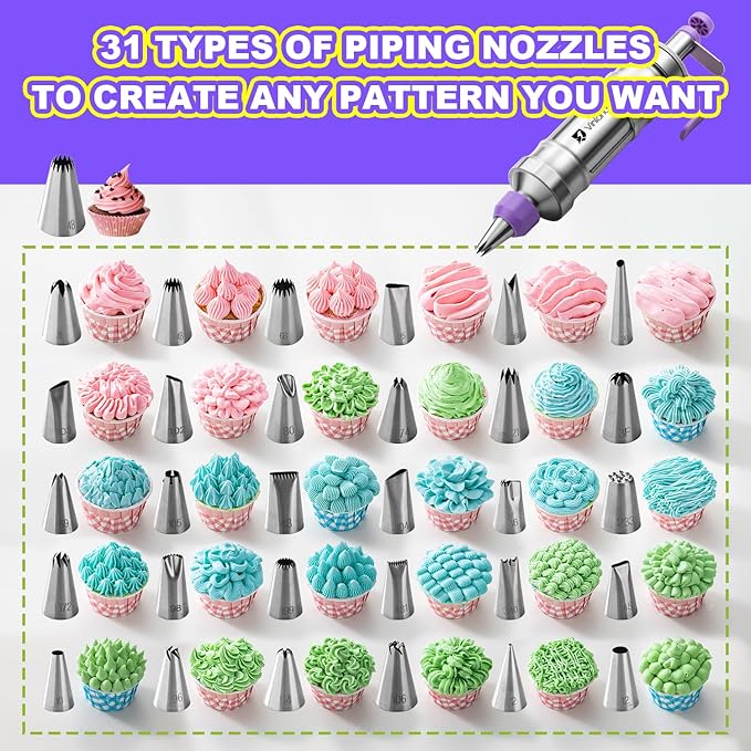 Dessert Decorating Syringe Set icing piping kit Stainless Steel frosting piping kit with 31 professional piping tips 50 disposable piping bags 1 silicone spatula 1 set of soft cake scrapers (Black)