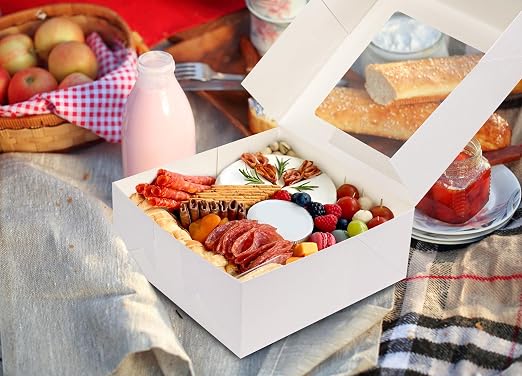 NPLUX 8x8x3 inch Bakery Boxes with Window Chocolate Strawberry Boxes for Pie Cake Cupcake Cookie Macaron Breakable Heart, Paper Charcuterie Box (30 Pack,White)