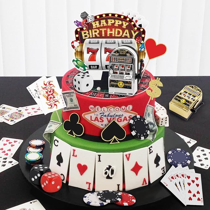 24 Pieces Casino Cake Topper Set with Mini Toy Slot Machine Poker Casino Cupcake Toppers for Casino Game Night Birthday Party Decorations Supplies