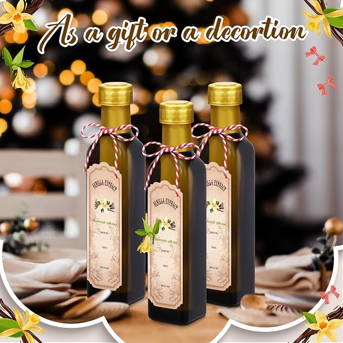 Tioncy 12 Pcs 8.5 oz Vanilla Extract Bottles for Homemade Vanilla Jar Amber Glass Square Bottle with Cap Shrink Band Sticker Syrup Food Storage Canister for Liquid Bean Sauce Spice Gift Giving(Gold)