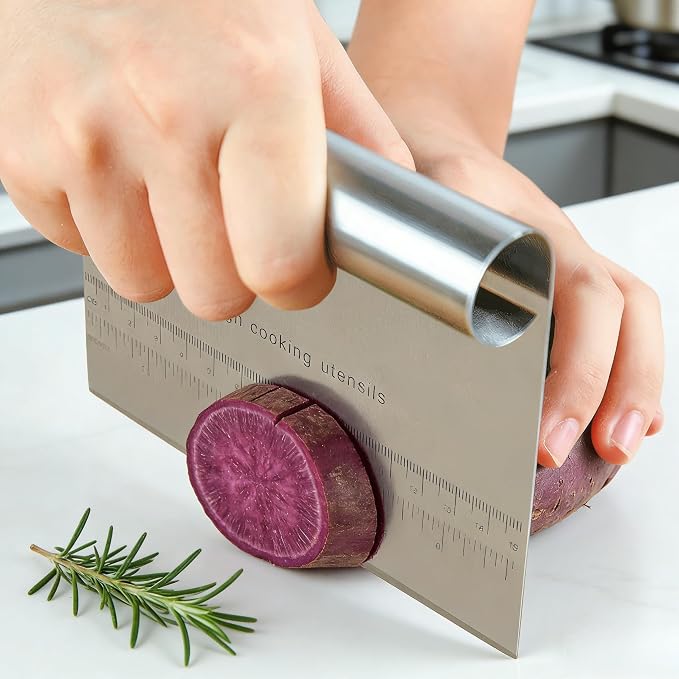 RUPOHIU Dough Scraper for Baking, Stainless Steel Bench Scraper with Measuring Scale - Pizza Cutter, Pastry Chopper for Bread, Cake and Dough, Food Scraper Tool