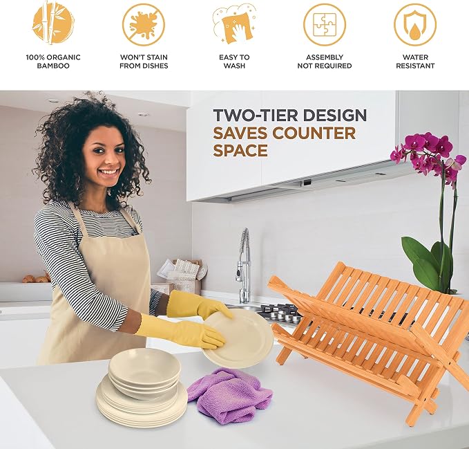 Bambüsi Collapsible Dish Drying Rack - 2 Tier Bamboo Dish Rack Dish Drainer for Kitchen Counter, Foldable Wooden Drying Rack for Plates Cups Bowls Utensils, No Assembly Folding Rack for Apartment, RV