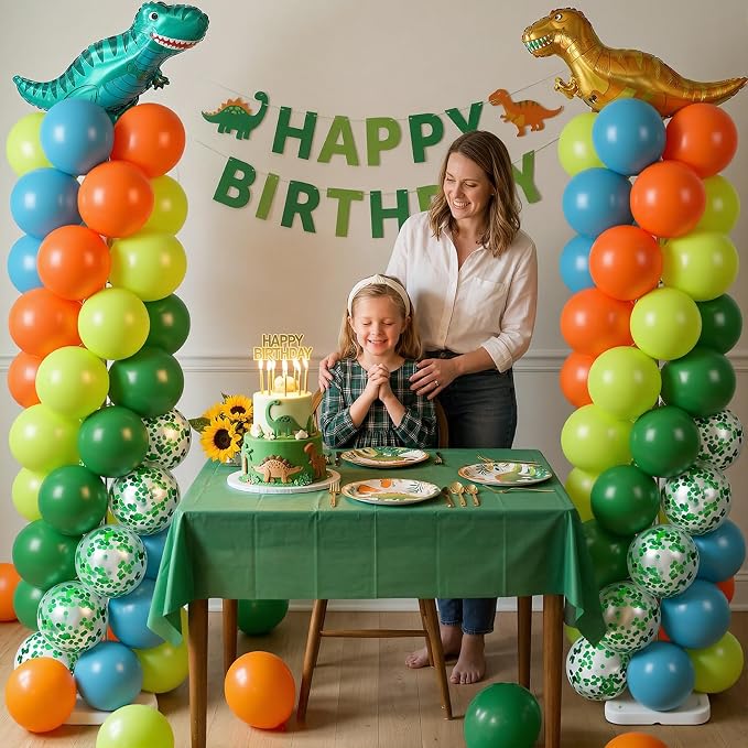 Skylety 2 Sets Dinosaur Balloon Column Stand Kit Adjustable Dino Green Orange Blue Balloon Tower Stand with Bases for Jungle Dino Birthday Wedding Graduation Party Baby Shower Decorations Supplies