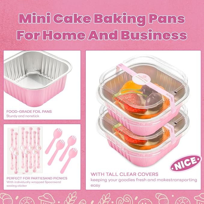 NPLUX 50 Pcs Mini Square Baking Cups with Lids and Spoons Aluminum Foil Mini Cake Pans with Lids Disposable Ramekins Cake Pans Dessert Cups for Wedding, Graduation Gifts Party Favors(Pink,10oz)