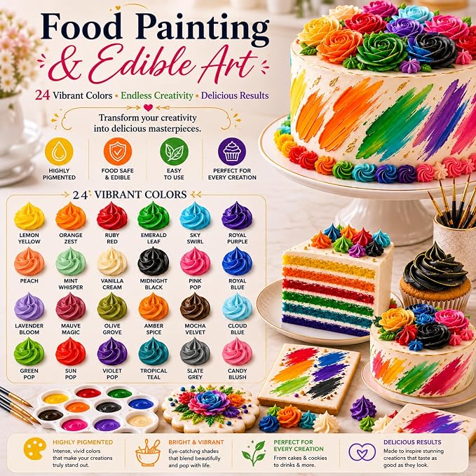 Confect Master Artist Water Color Food Coloring Set – Highly Pigmented Oil Based Food Colors for Cakes, Buttercream, Drinks, Popsicles & Baking – 24 Pack × 10mL