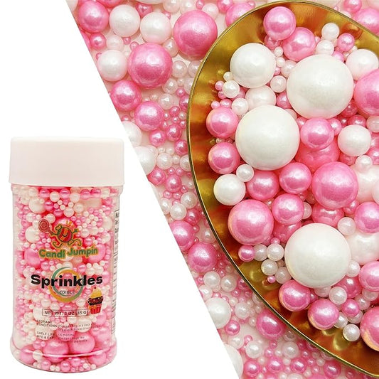 CandiJumpin Edible Pearls for Cake Decorating, Hot Pink and White Pearl Sprinkles Hot Pink Sugar Pearls Edible Cake Decorations White Pearl Sugar Sprinkles Cupcake Toppers Baby Shower Party Birthday Wedding Christmas Supplies 3 OZ