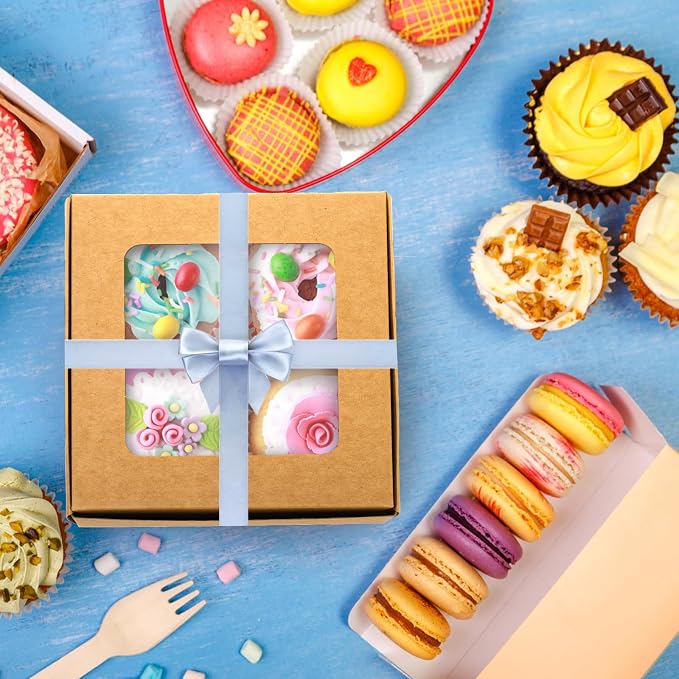 Eorbow 40 Pack Brown Bakery Boxes with Window and Dividers, 6 x 6 Inch Mini Pastry Boxes with 4 Compartments, Kraft Treats Gift Boxes with Inserts, Cupcake Packaging Containers for Pastries Biscuits