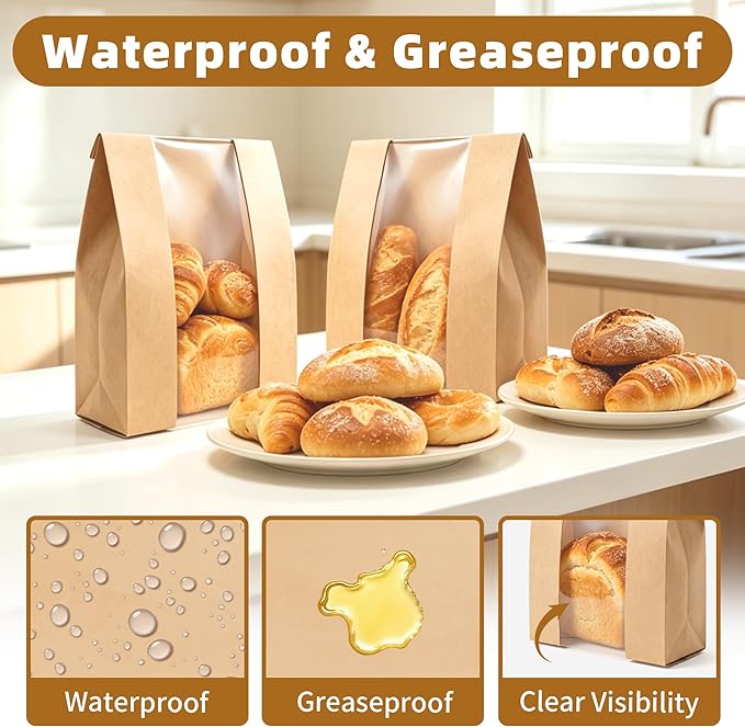 Homrelaxy 120pcs Paper Bread Bags for Homemade Bread, Sourdough Bag with Window, 13.7 x 8.3 x 3.5 Inch Large Brown Kraft Bakery Bags for Storing Loaves & Snacks, Includes 130 Sealing Stickers