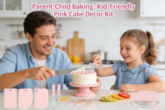 Cake decoration kit baking supplies cake turntable with 2 right angle spatulas and 3 smoothie scraper baking accessories for beginners and professionals, pink