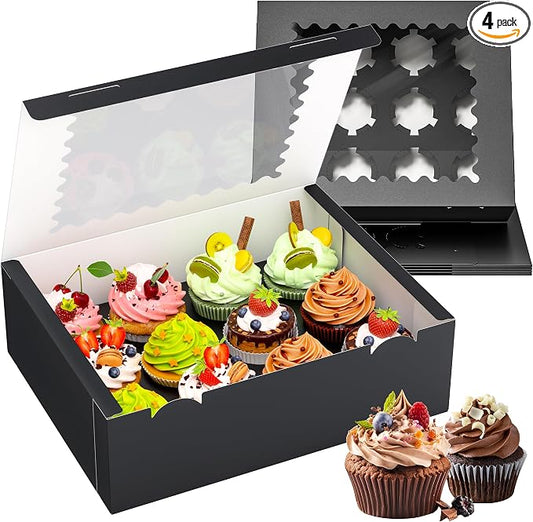 RYDDOY 4 Pack Cupcake Boxes, Hold 12 Standard Cupcakes, Black Cupcake Containers, Cupcake Holder with Window and Inserts for Birthday Holiday Party, Supplies for Cupcakes, Desserts and More