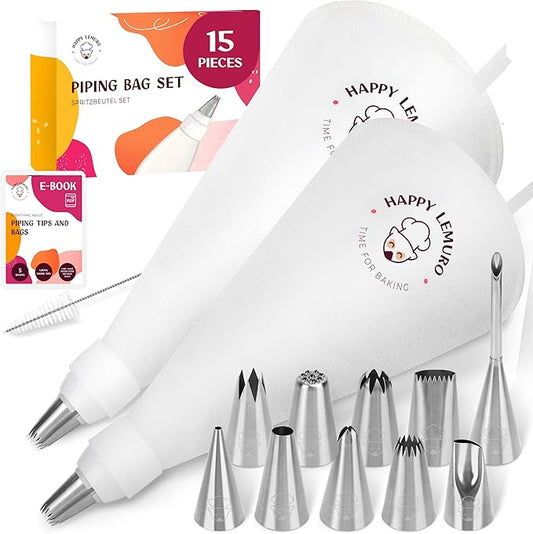 Cake Decorating Kit – Reusable 16" & 14" Cotton Piping Bags with 10 Large Stainless Steel Icing Tips – Durable, Food-Grade & Dishwasher Safe