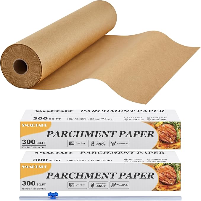 SMARTAKE Parchment Paper Roll for Baking, 2-Pack of 15 in x 242 ft, 600 sq.ft, Non-Stick Baking Paper Sheets with Slide Cutter, Heavy Duty Extra Long, for Kitchen Baking Cooking Grilling, Unbleached