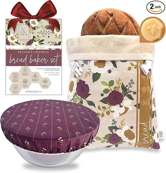 Nectar & Nest Bread Baker Set, Reusable Beeswax Bread Bags for Homemade Bread, Sourdough Bag, Organic Cotton Beeswax Bowl Cover, Limited-Edition Artist Series (December Blooms by Mackenzie Nelson Art)