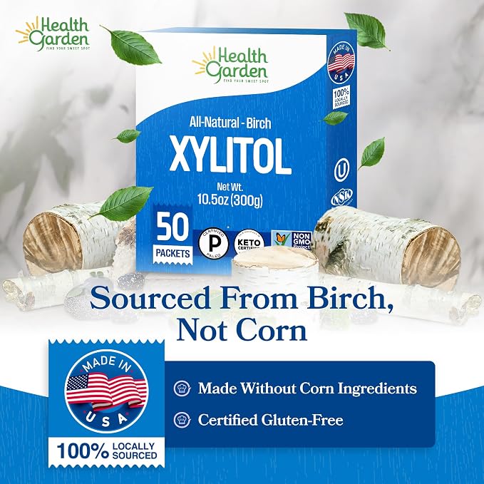 Health Garden Birch Xylitol Sweetener, 50 Packets – 100% Birch-Derived Xylitol Sugar Substitute for Baking & Coffee, 1:1 Sugar Replacement, Supports Teeth, Keto, Vegan, Non-GMO